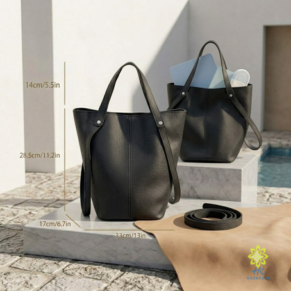 Black tote bag dimension chart showing 33 cm width, 17 cm depth and 28.5 cm height