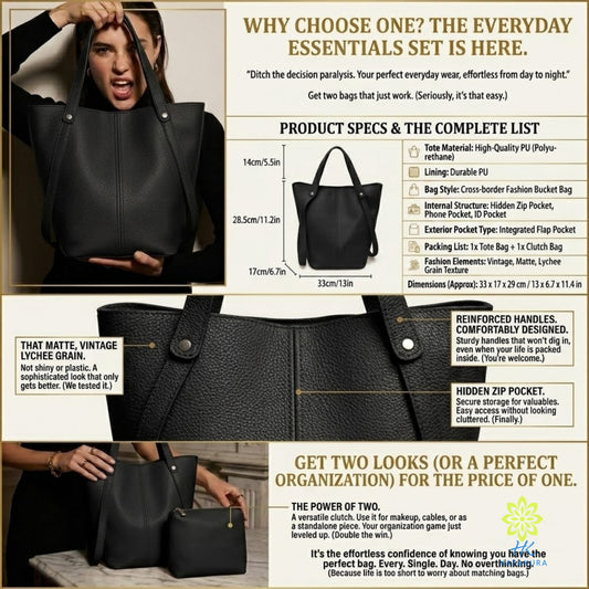 Black tote bag product spec table with dimension callouts and feature details