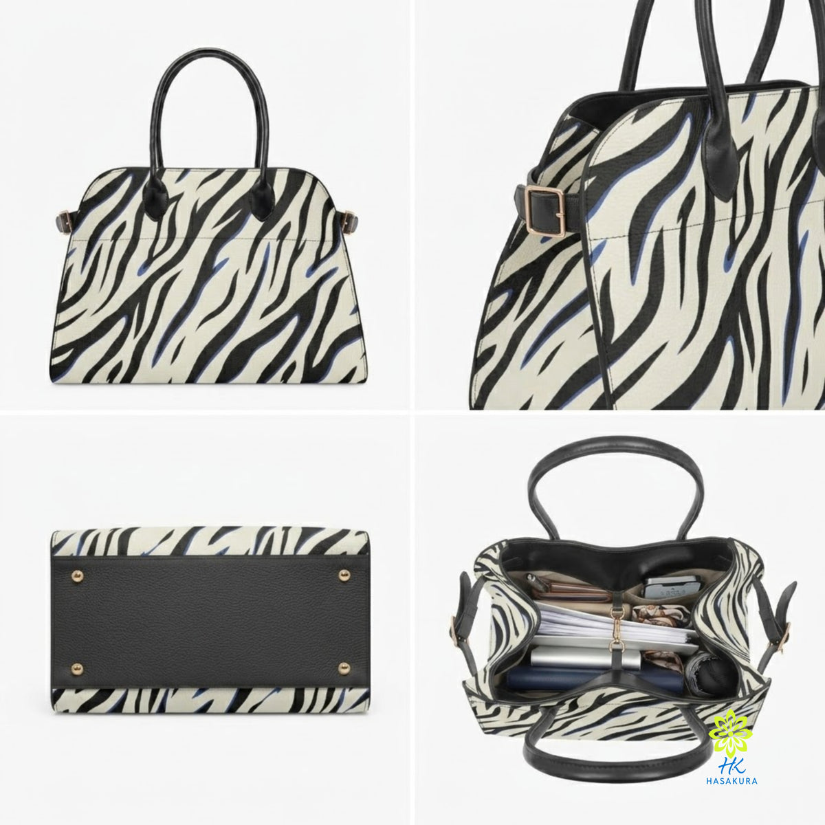 Vierteilige Ansicht einer Zebra-Print Handtasche mit Vorderseite, Schnalle, Boden mit Füßen und Innenraum