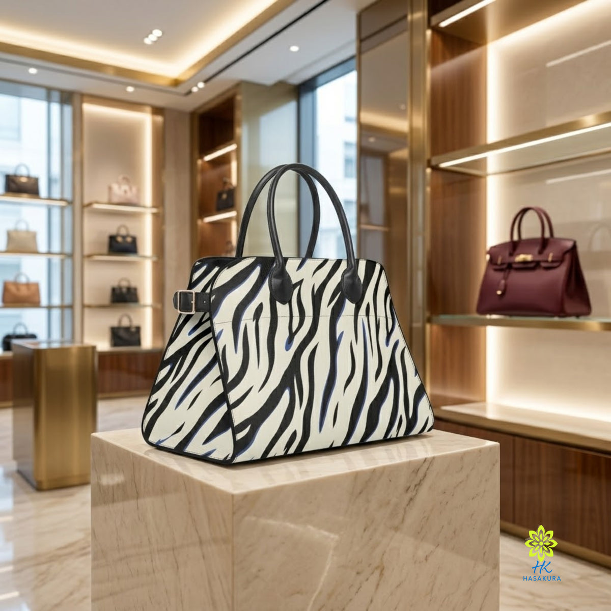 Model überquert eine Straße und trägt eine Zebra-Print Handtasche an den oberen Henkeln