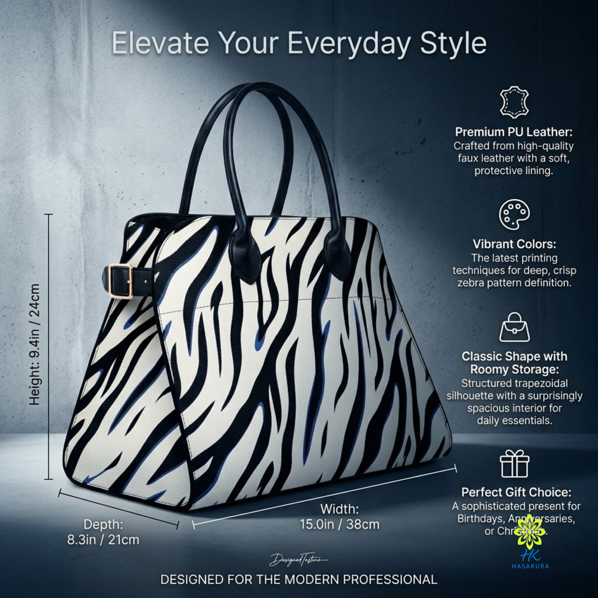 Infografik zu Maßen und Merkmalen der Zebra-Print Handtasche mit PU-Leder-Konstruktion