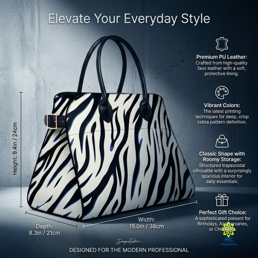 Zebra print handbag dimension and feature infographic showing PU leather construction