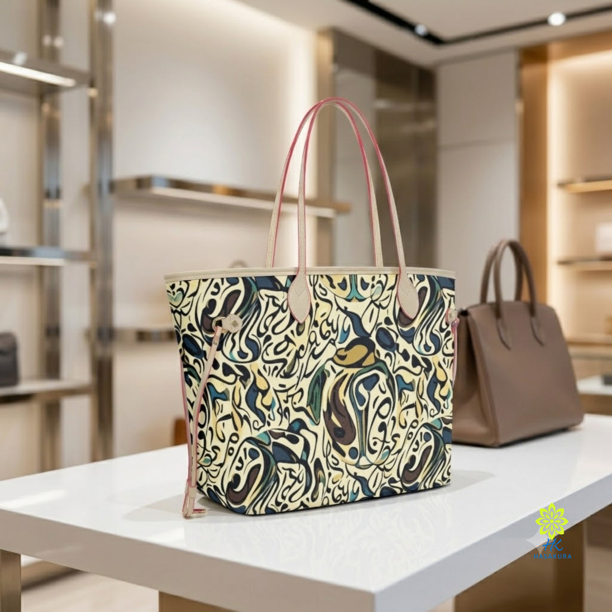 Faux leather shopper met beige afwerking op een glanzende displaytafel in een boetiek