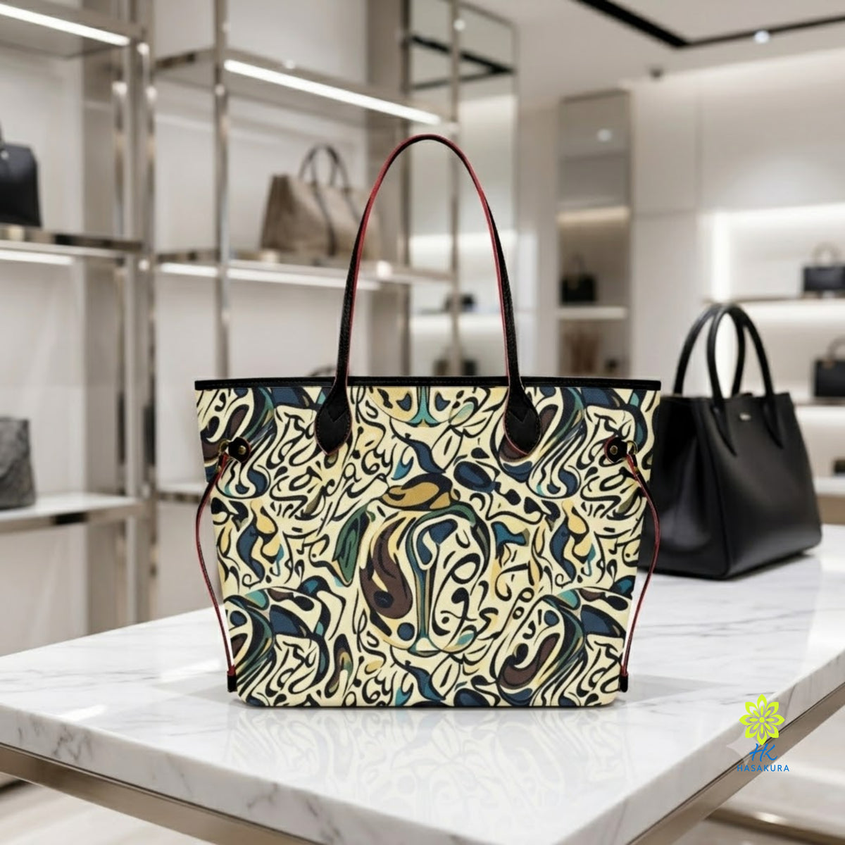 Zijaanzicht van faux leather shopper op een witte achtergrond met maatlabels