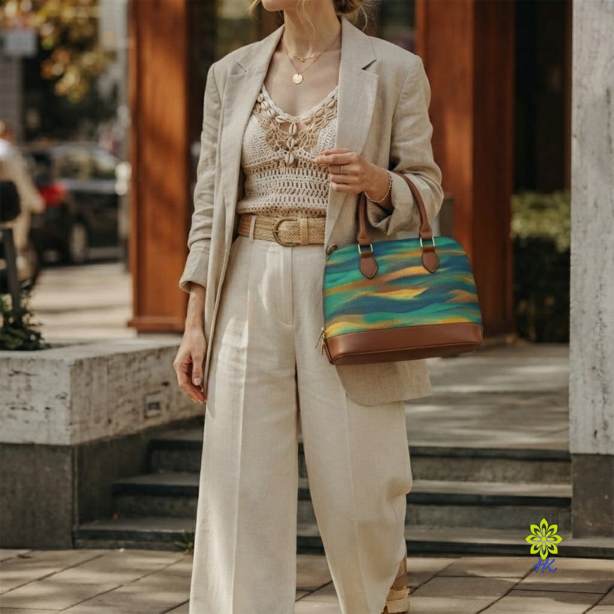 Donna con outfit beige che tiene la borsa con stampa astratta per il manico superiore per strada