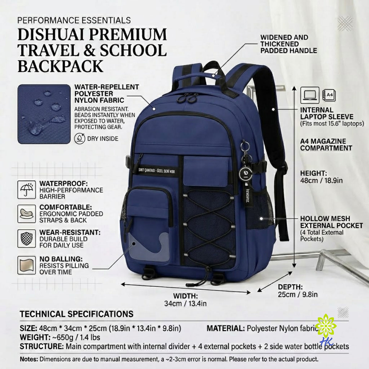 Geräumiger Rucksack für Schule und Reise