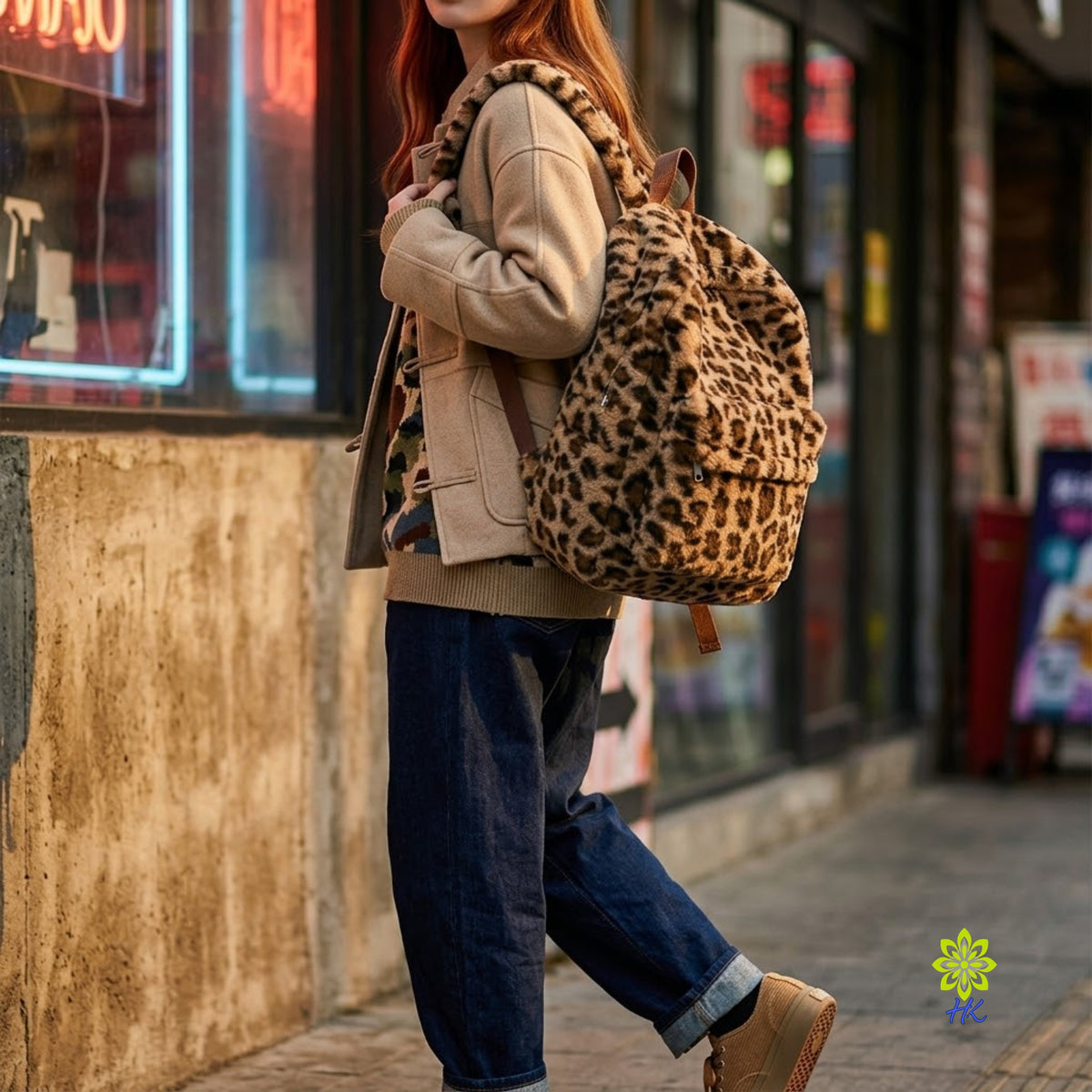 Plüsch-Rucksack mit Leopardenmuster Leichter Tagesrucksack