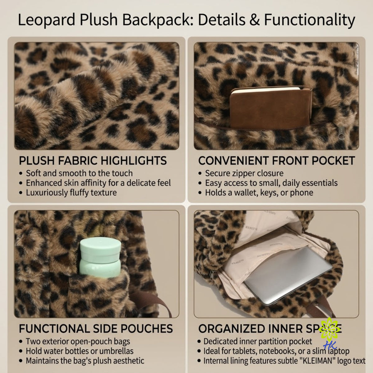 Plüsch-Rucksack mit Leopardenmuster Leichter Tagesrucksack