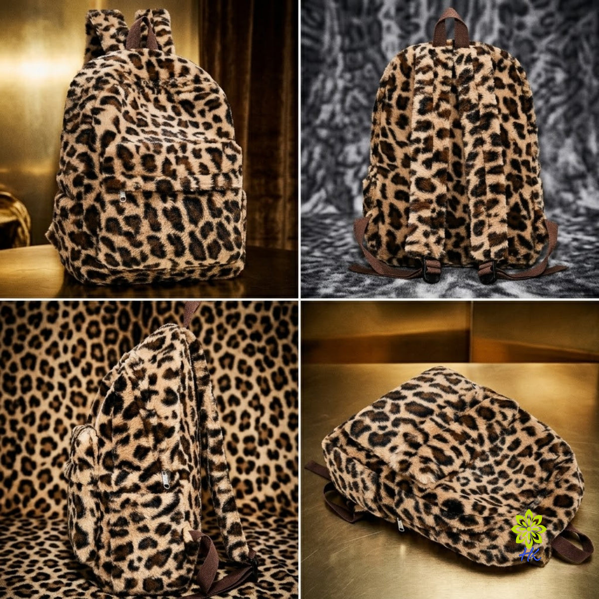 Plüsch-Rucksack mit Leopardenmuster Leichter Tagesrucksack