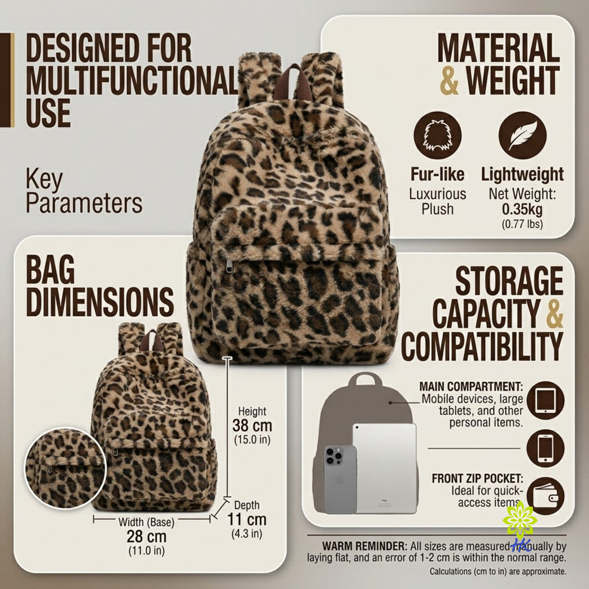 Plüsch-Rucksack mit Leopardenmuster Leichter Tagesrucksack