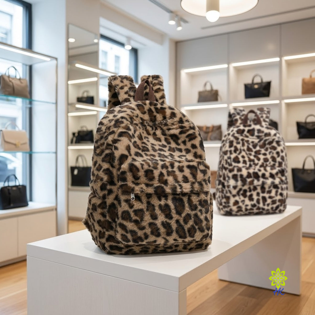 A plush faux-fur backpack in a leopard print pattern is displayed on a white table inside a modern handbag boutique. A second matching backpack is visible in the background on a shelf.