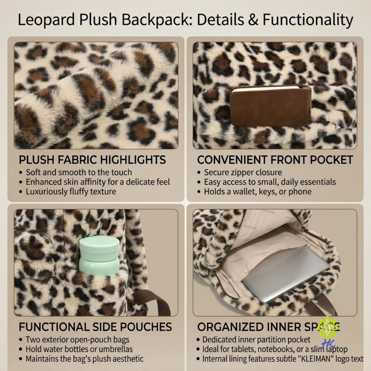 Plüsch-Rucksack mit Leopardenmuster Leichter Tagesrucksack