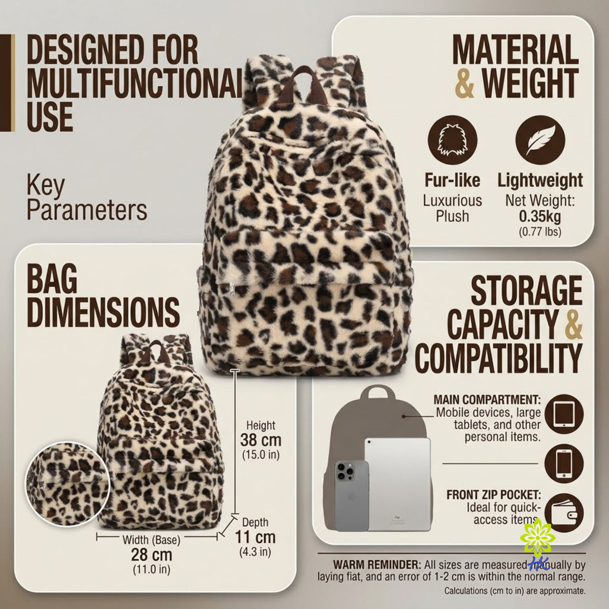 Plüsch-Rucksack mit Leopardenmuster Leichter Tagesrucksack