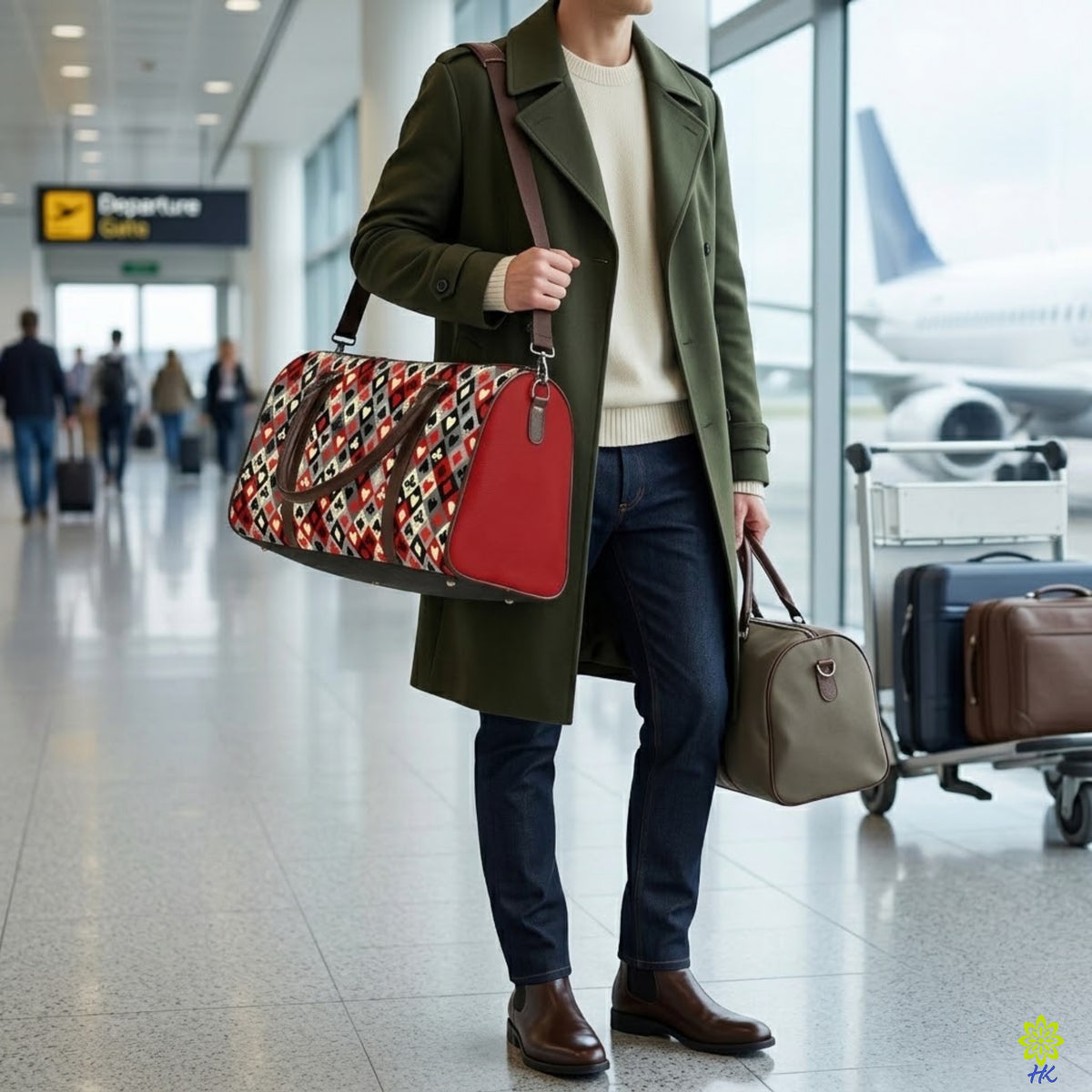 A man in an airport terminal holds a large red and geometric-patterned duffel bag and a smaller taupe duffel bag. He is wearing an olive green coat, a cream sweater, dark blue jeans, and brown boots, with a suitcase and an airplane visible in the background.