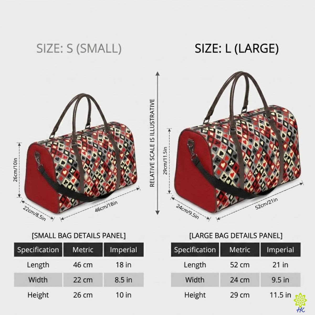 Size comparison chart for a duffel bag, showing small (S) and large (L) dimensions with labeled measurements and detail panels on a light gray background.