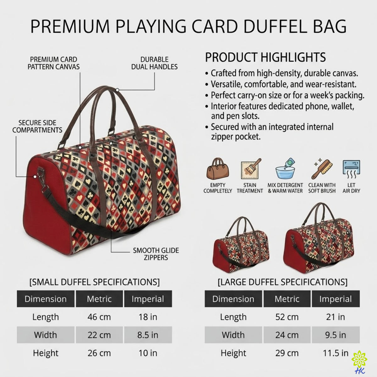 A promotional infographic for a premium playing card duffel bag, showing one large bag with labeled features and two smaller versions for small and large sizes. The image includes product highlights, dimension tables, and icons indicating durability, stain treatment, and care instructions.