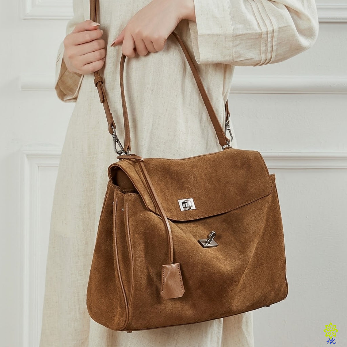 Model carrying a brown suede tote on her forearm, front view