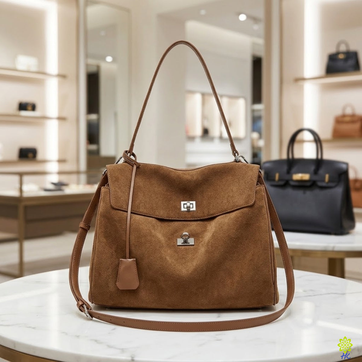 Brown suede shoulder bag angled view showing the crossbody strap