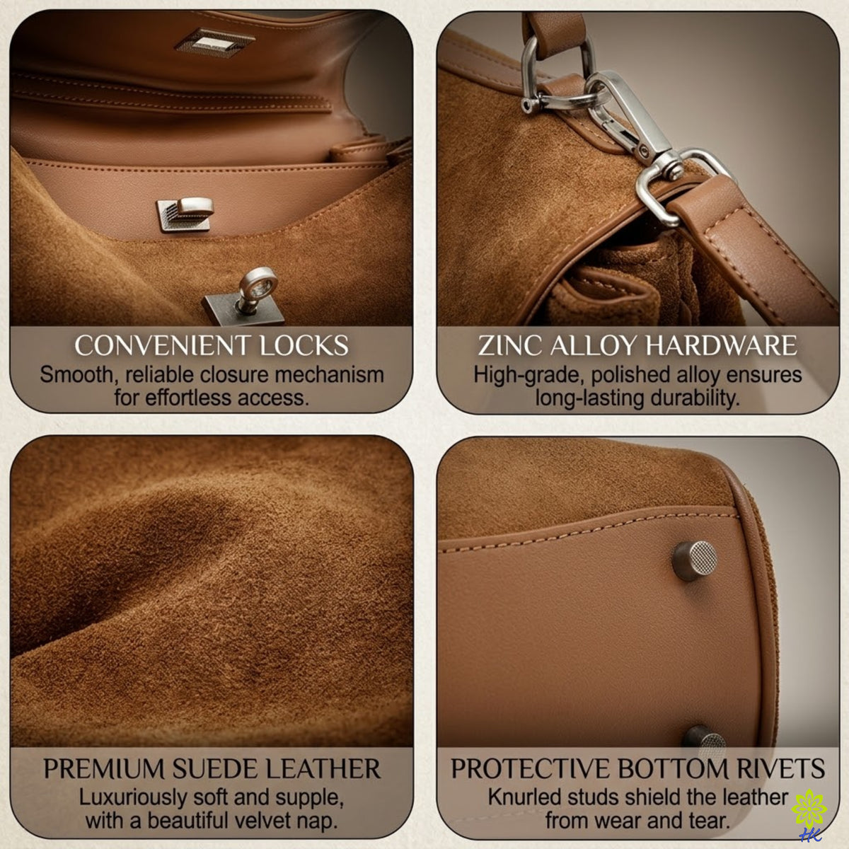 Close-up of the turn-lock, zinc alloy hardware, suede texture and bottom studs of a shoulder bag