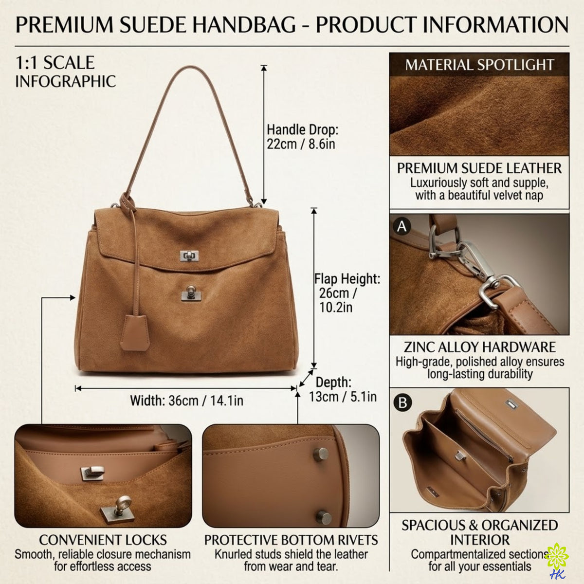 Infographic of a suede shoulder bag with dimensions, material and hardware details