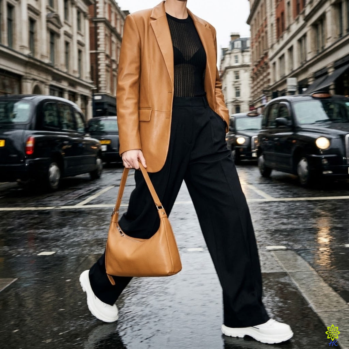 A person walking across a wet city street wearing a tan leather blazer, black ribbed top, black wide-leg trousers, white sneakers, and carrying a tan leather shoulder bag.