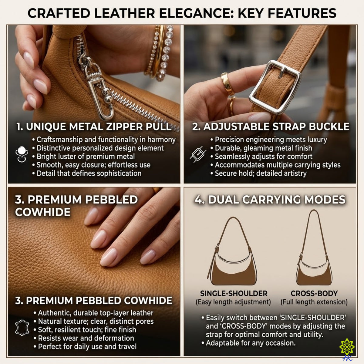 An infographic detailing the key features of a premium pebbled cowhide shoulder bag. The graphic is divided into four sections with text and close-up photos: 1.