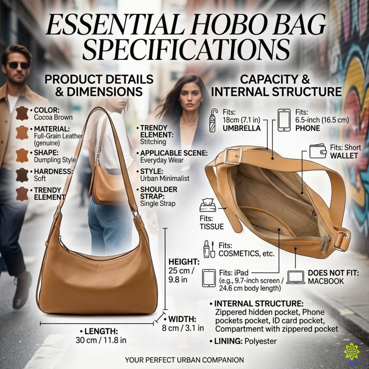 An infographic detailing the specifications and dimensions of an essential hobo bag, featuring a large photo of a brown leather hobo bag with measurement labels, alongside a smaller inset showing a woman wearing the bag.