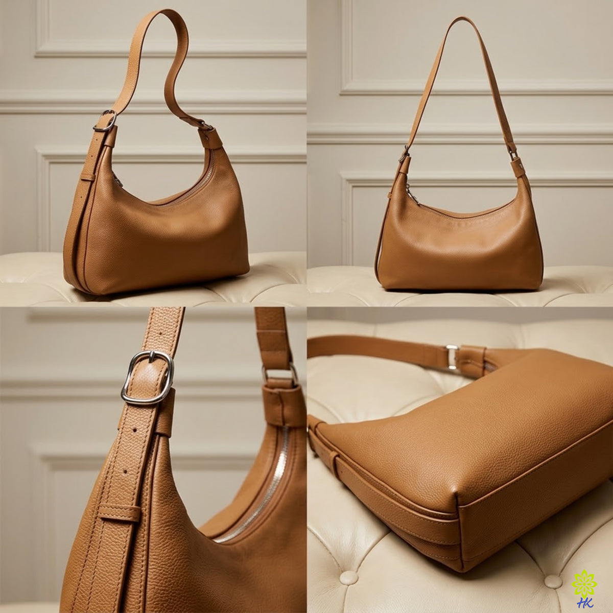 A tan pebbled leather hobo shoulder bag shown in a four-panel collage from different angles, resting on a cream tufted sofa against a light paneled wall.