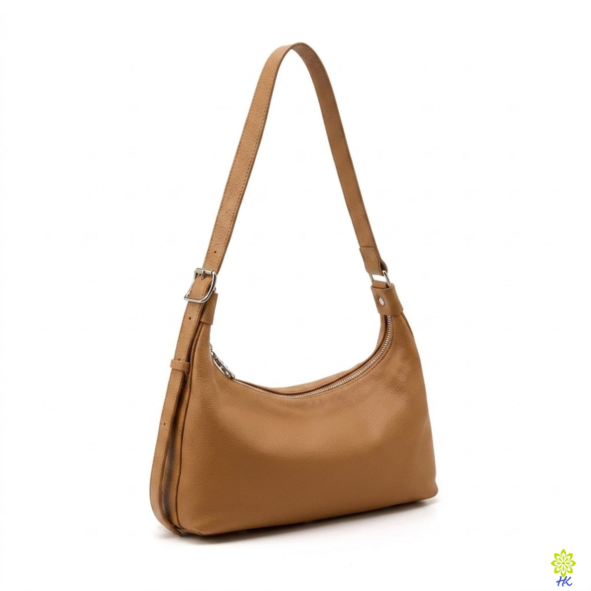 A tan leather shoulder bag with a single adjustable strap and silver-tone hardware, shown on a plain white background.