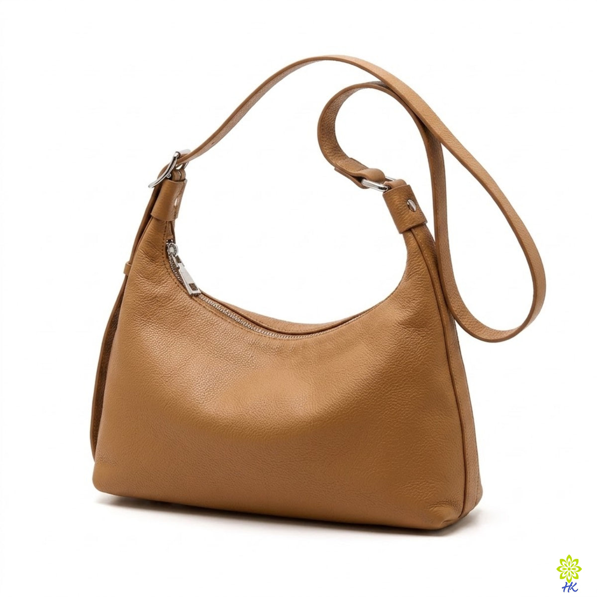 A tan pebbled leather hobo shoulder bag with a single adjustable strap and silver-tone hardware, shown on a plain white background.