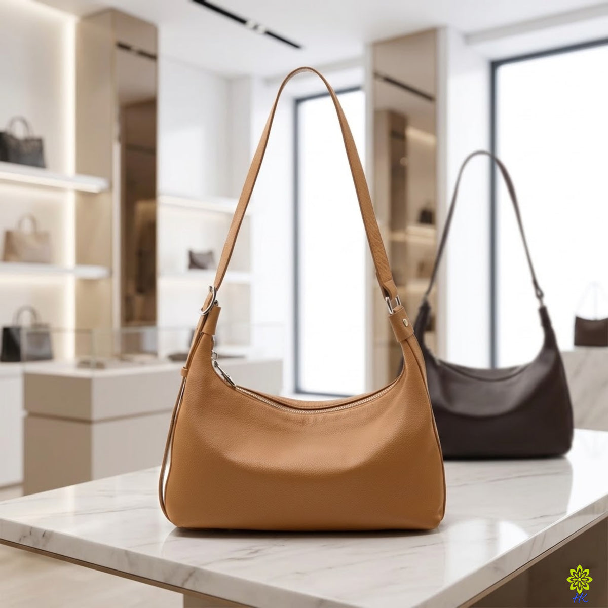 A tan leather shoulder bag with a single strap stands on a white marble counter in a modern boutique, with a darker brown version blurred in the background.