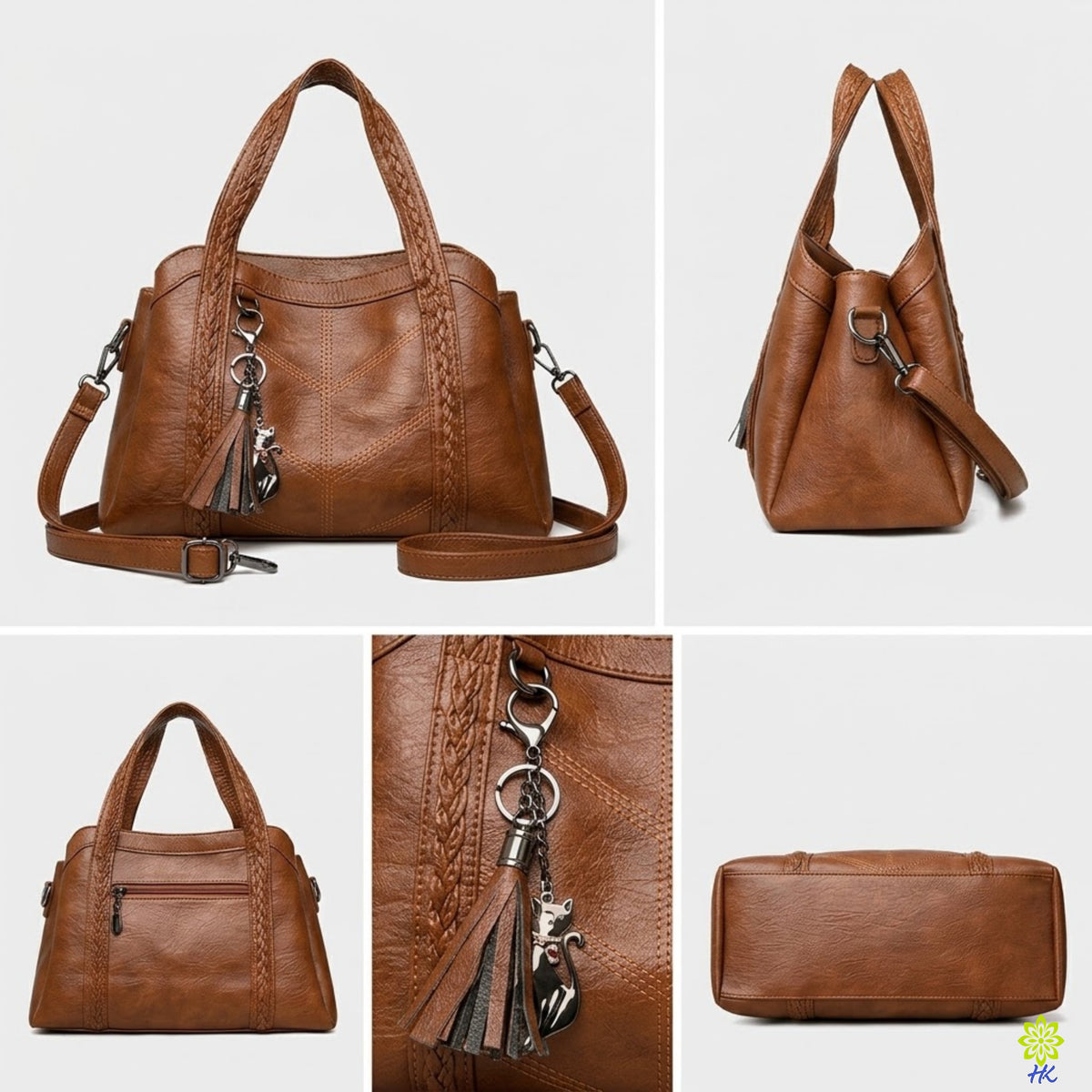A brown faux-leather shoulder bag shown in multiple views on a light gray background, including front, side, back, close-up of the tassel charm, and bottom view. The bag features braided trim along the sides, dual top handles, a detachable shoulder strap, and a decorative tassel keychain with a small animal charm.
