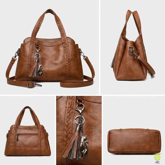 A brown faux-leather shoulder bag shown in multiple views on a light gray background, including front, side, back, close-up of the tassel charm, and bottom view. The bag features braided trim along the sides, dual top handles, a detachable shoulder strap, and a decorative tassel keychain with a small animal charm.