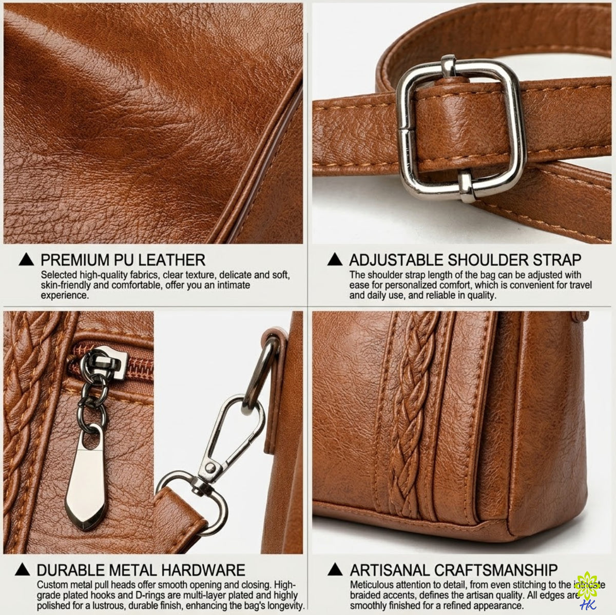 A 2x2 collage showing close-up details of a brown leather shoulder bag: premium PU leather texture, an adjustable metal buckle strap, durable metal hardware, and artisanal craftsmanship, with text callouts on a white background.