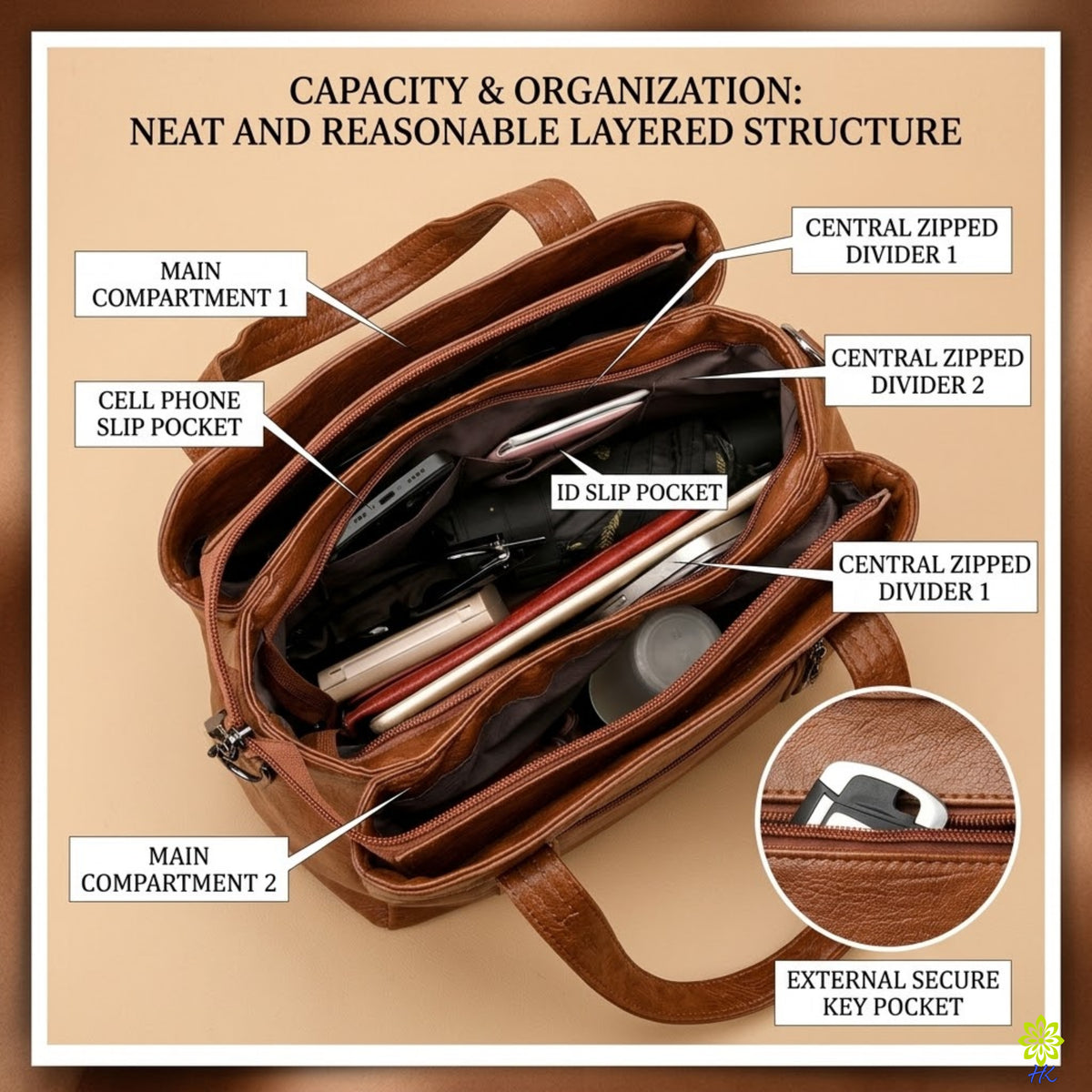 A brown leather zippered organizer bag shown open on a beige background with overlaid labels pointing to compartments, phone slip pocket, ID slip pocket, and key pocket. The image includes the headline 'CAPACITY & ORGANIZATION: NEAT AND REASONABLE LAYERED STRUCTURE' and a small inset showing the external key pocket zipper.