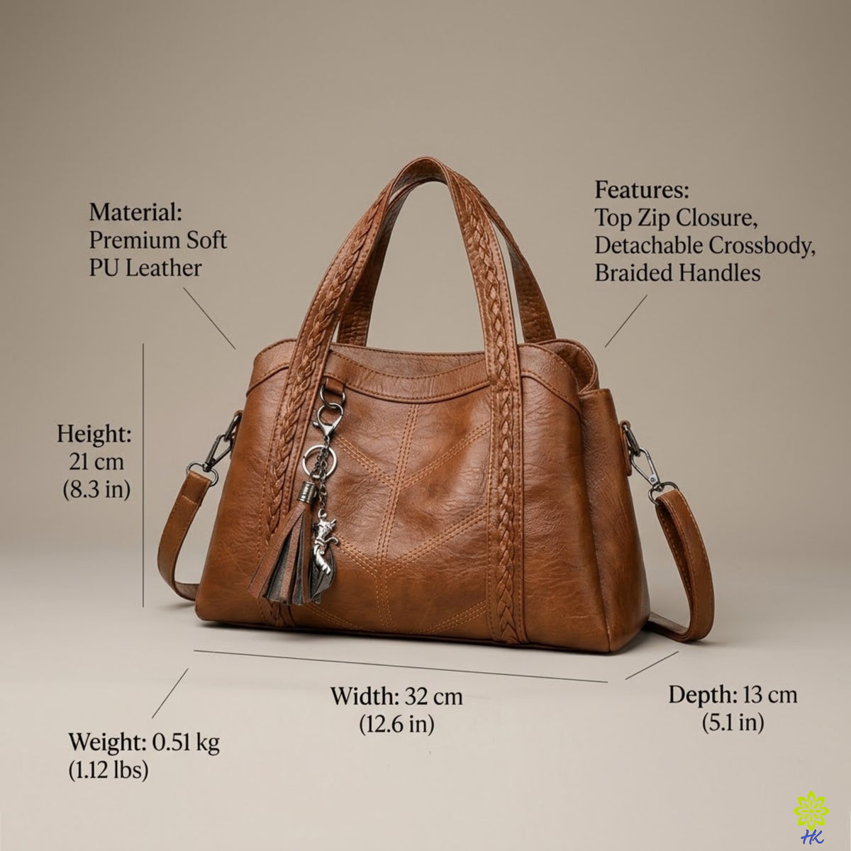 A brown leather handbag with braided handles and a tassel charm, shown on a beige background with measurement labels and feature callouts.