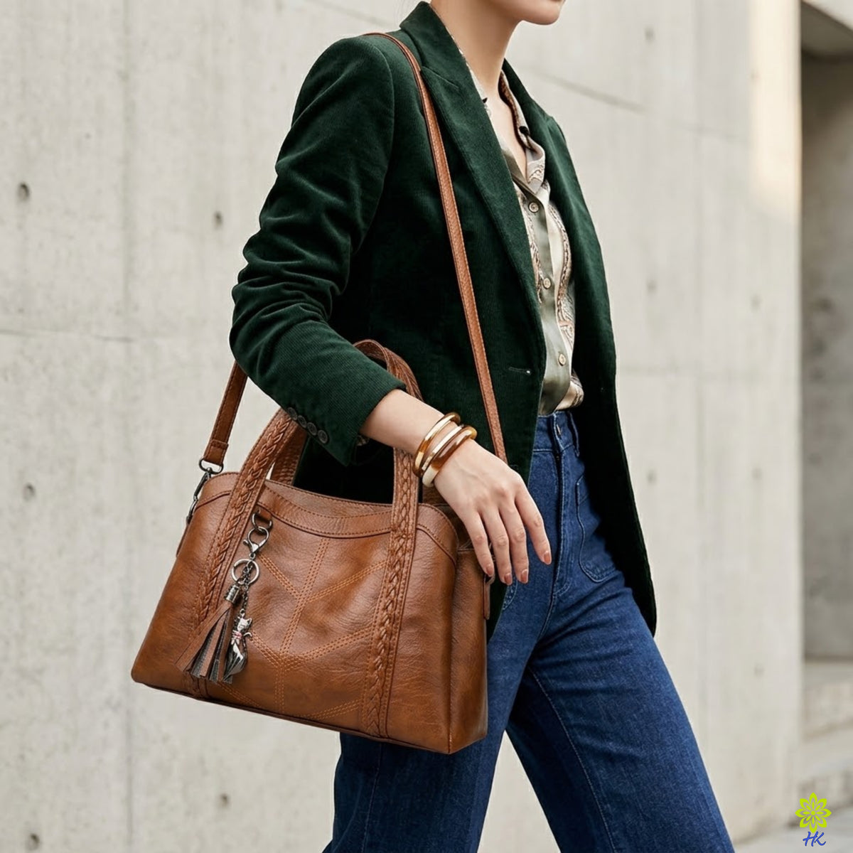 A woman wearing a dark green velvet blazer, patterned blouse, and blue jeans carries a brown leather handbag with a shoulder strap and tassel detail against a concrete wall.