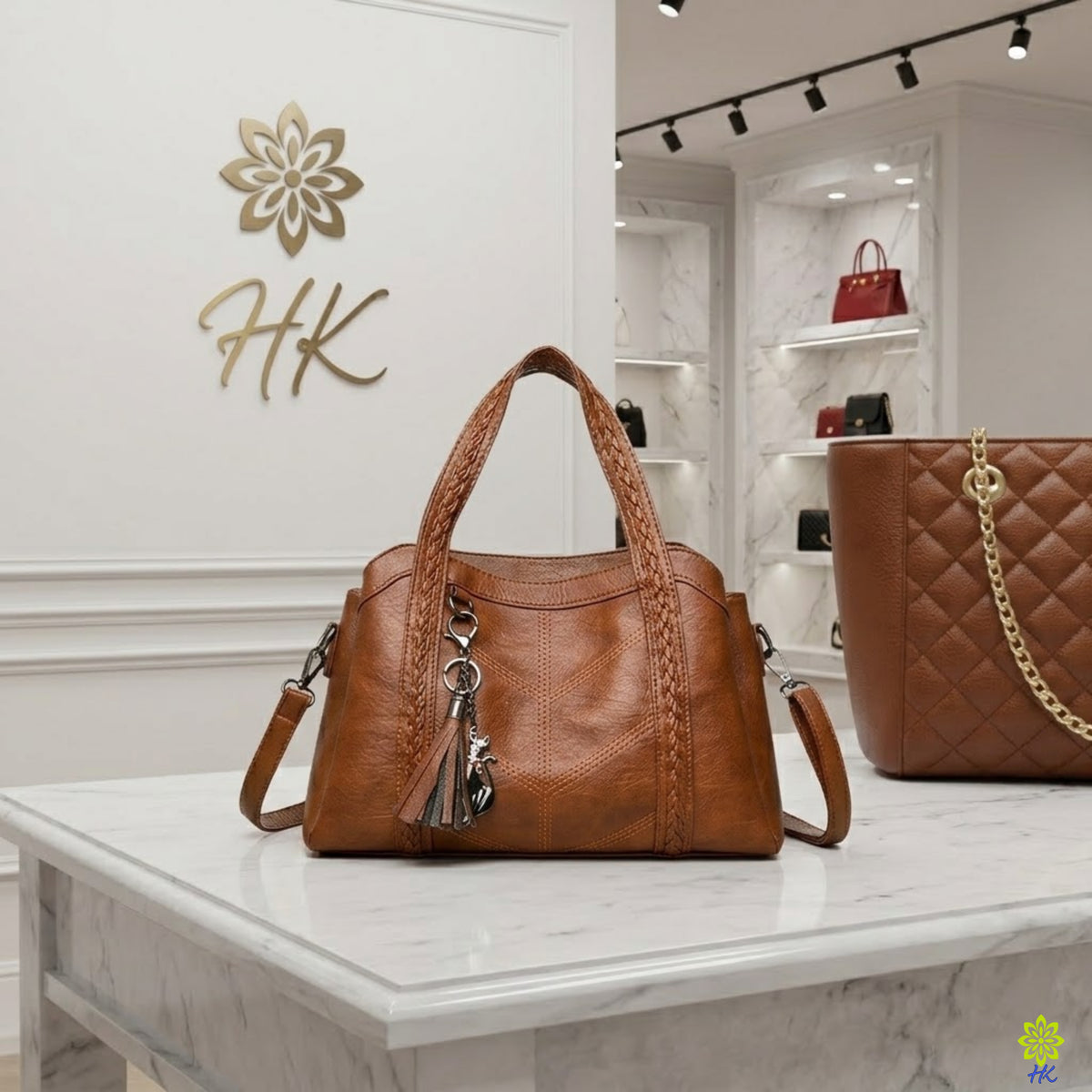 A medium brown textured leather handbag with braided top handles and a silver-tone tassel charm, displayed on a white marble counter in a boutique setting.