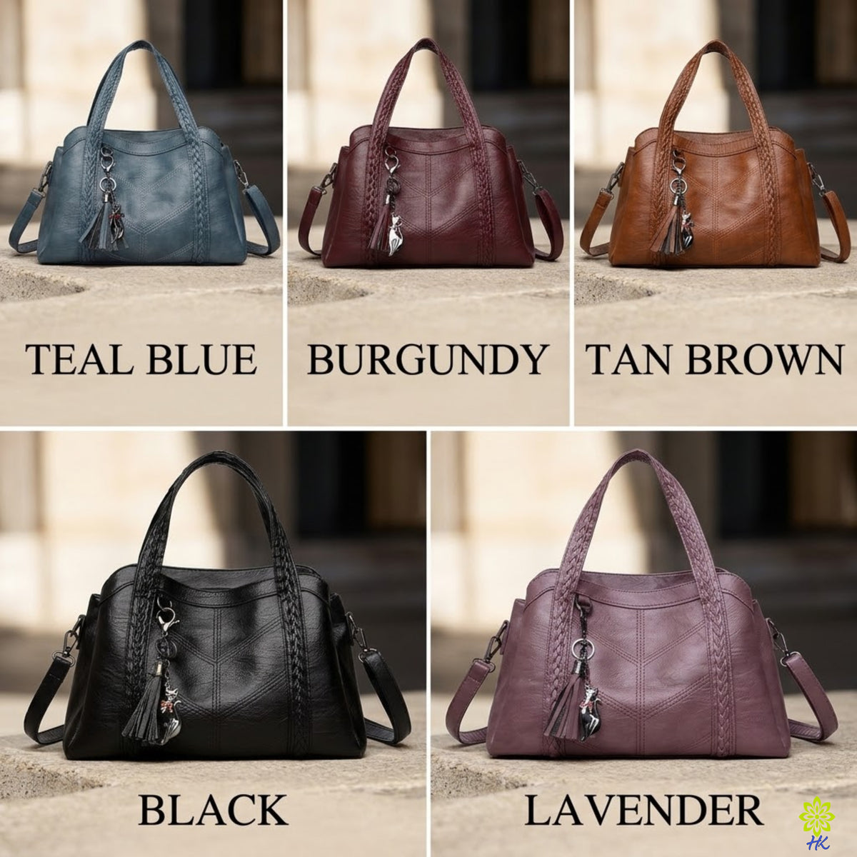 A 2x2 collage showing four handbag color options on a stone surface with text labels: TEAL BLUE, BURGUNDY, TAN BROWN, and BLACK, plus a lavender variant labeled LAVENDER. The bags are medium satchel-style handbags with top handles, braided strap details, tassel charms, and side hardware.