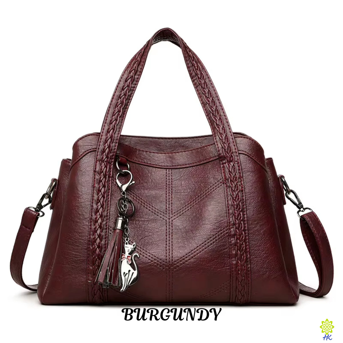 A burgundy faux leather handbag with braided handles, a tassel charm, and a silver cat keychain, shown on a white background with the text 'BURGUNDY' at the bottom.