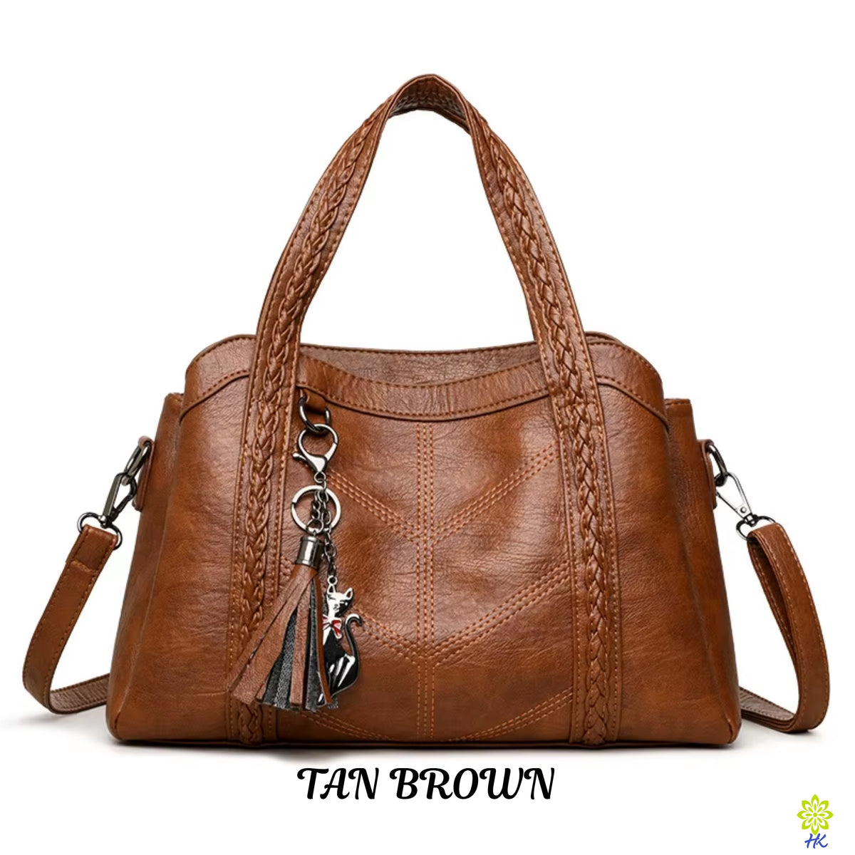A tan brown faux leather handbag with braided top handles, a decorative tassel charm, and a detachable shoulder strap, shown on a white background with 'TAN BROWN' text below.