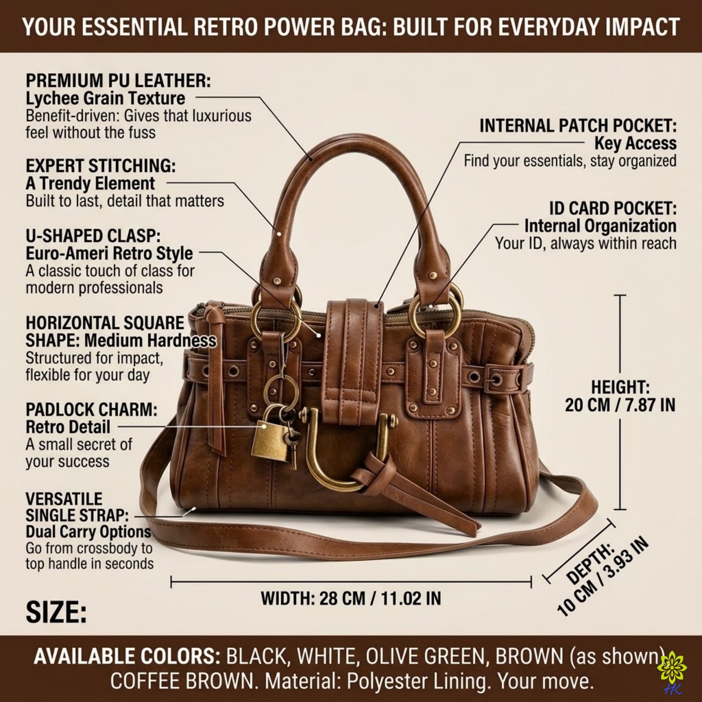 Retro Padlock Satchel Bag – Vintage Faux Leather Crossbody Handbag