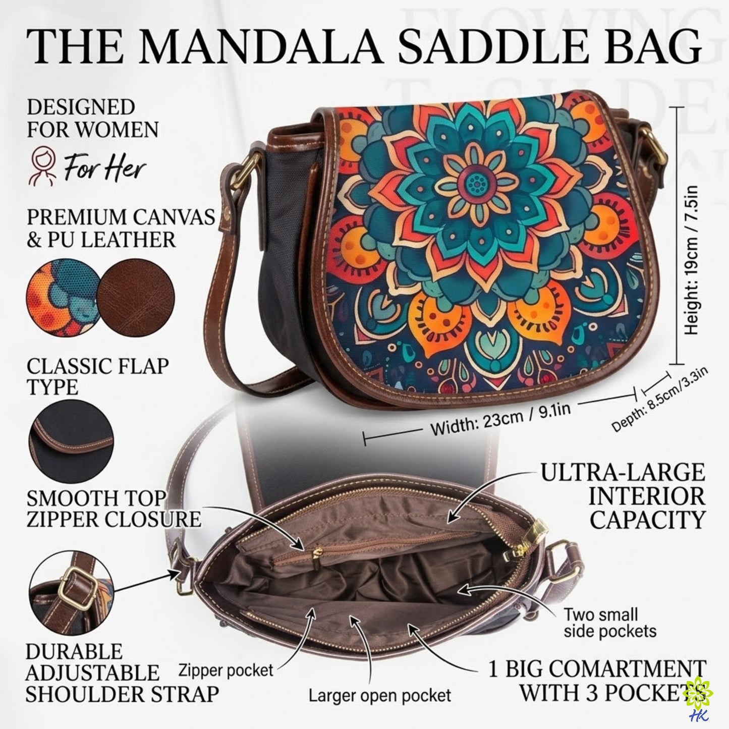 Borsa a tracolla boho a sella in tela con mandala