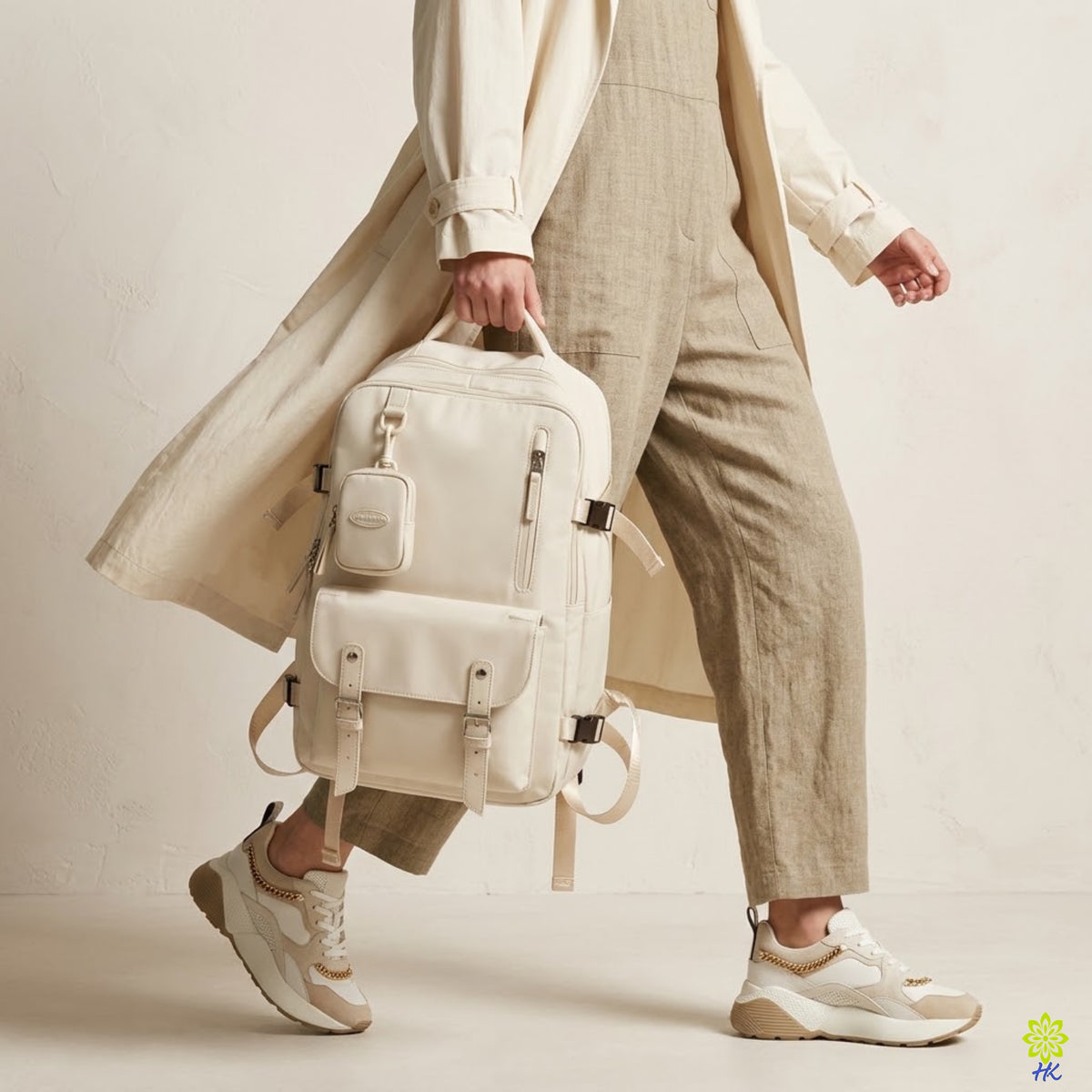 A person wearing a cream trench coat and beige linen overalls carries a cream-colored canvas backpack with multiple front pockets and straps, paired with beige and white sneakers, against a neutral cream background.