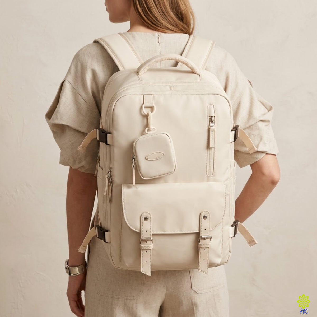 A woman shown from the back wearing a light beige backpack with multiple zippered compartments and a small matching pouch hanging from the front, against a textured beige wall.