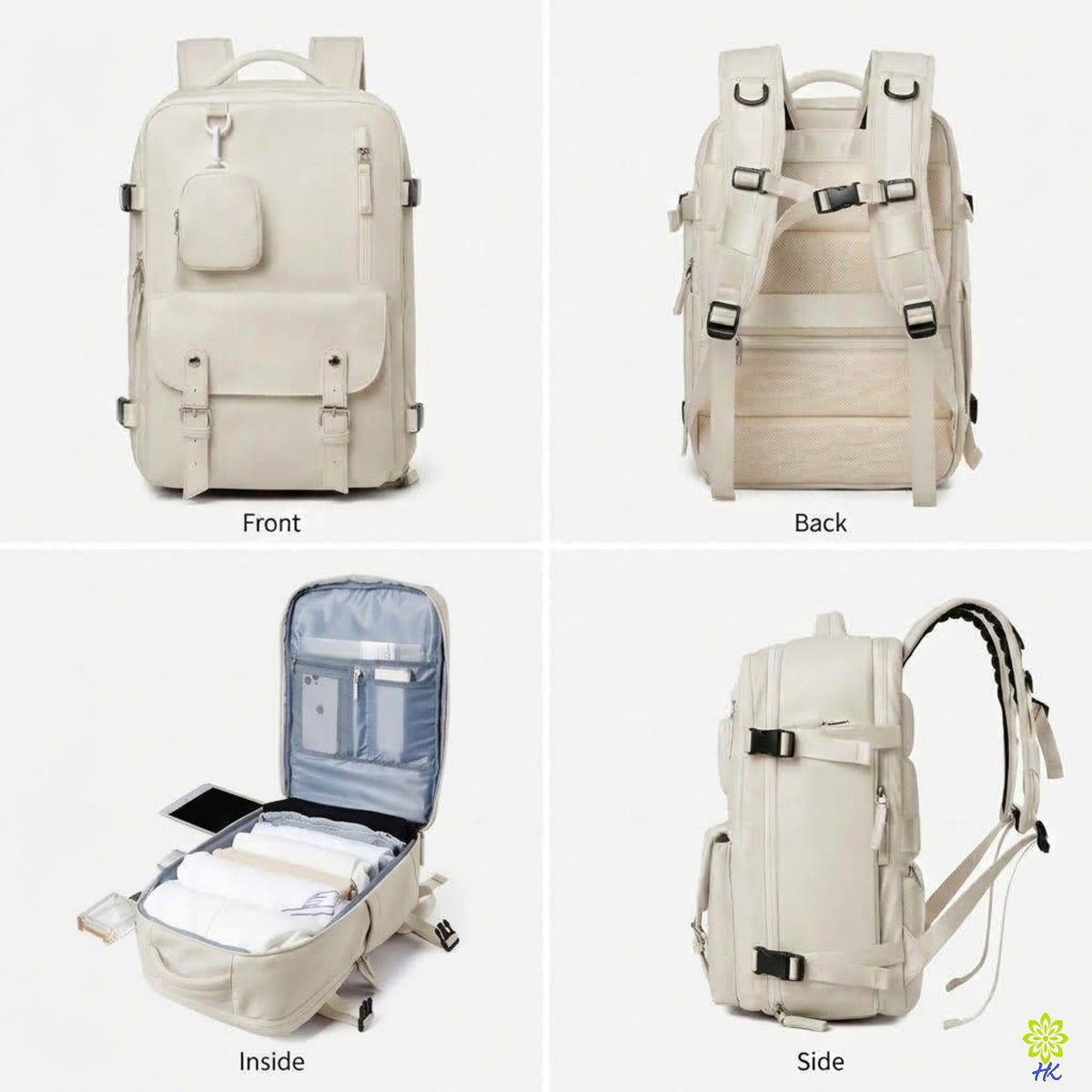 A four-panel product collage showing a light beige backpack from multiple angles: front, back, open interior, and side view. The backpack has multiple zip compartments, padded shoulder straps, and a structured rectangular shape on a plain light background.
