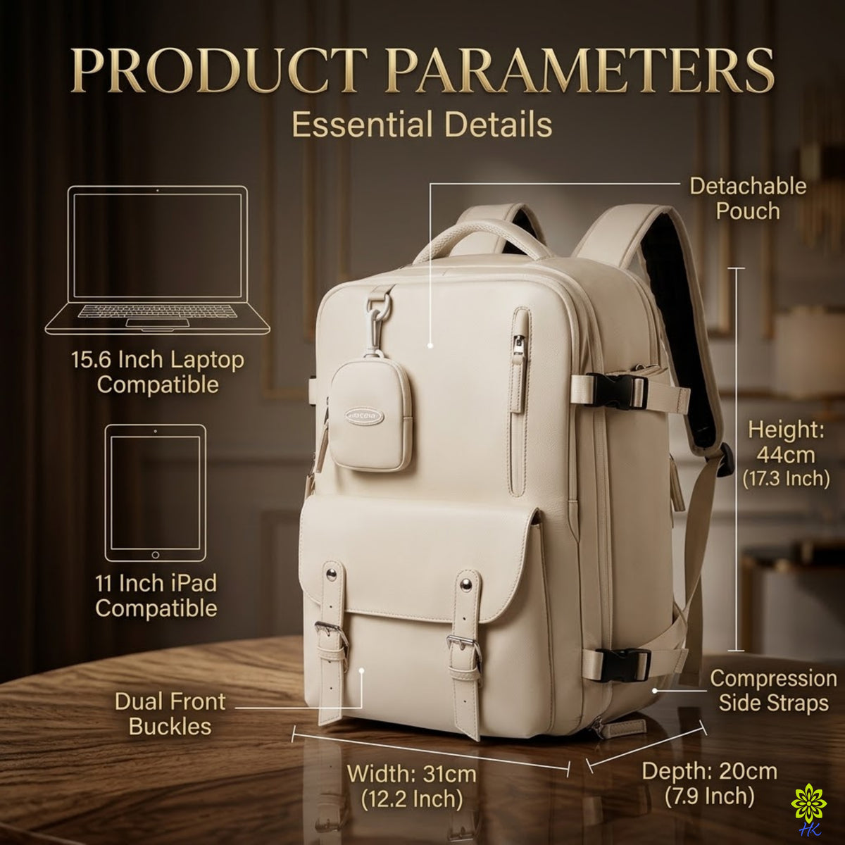 An off-white/cream backpack shown with overlaid dimension labels and feature callouts, including 'Product Parameters Essential Details,' 'Detachable Pouch,' laptop compatibility, iPad compatibility, height, width, depth, and compression side straps.