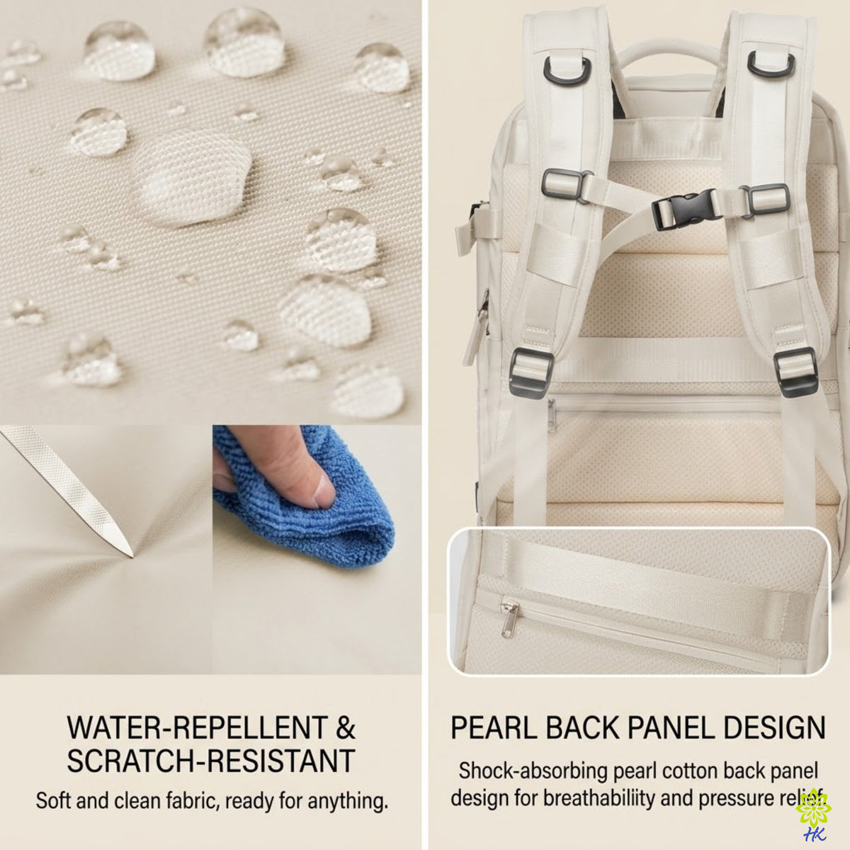 A light beige backpack shown on a clean white background with feature callouts. The left panel shows water droplets on a water-repellent fabric surface and a blue cloth touching the fabric.