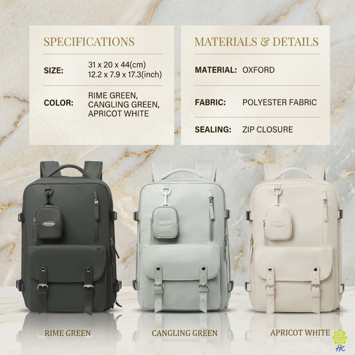 Large travel backpack specifications showing dimensions, Oxford polyester material and three color options