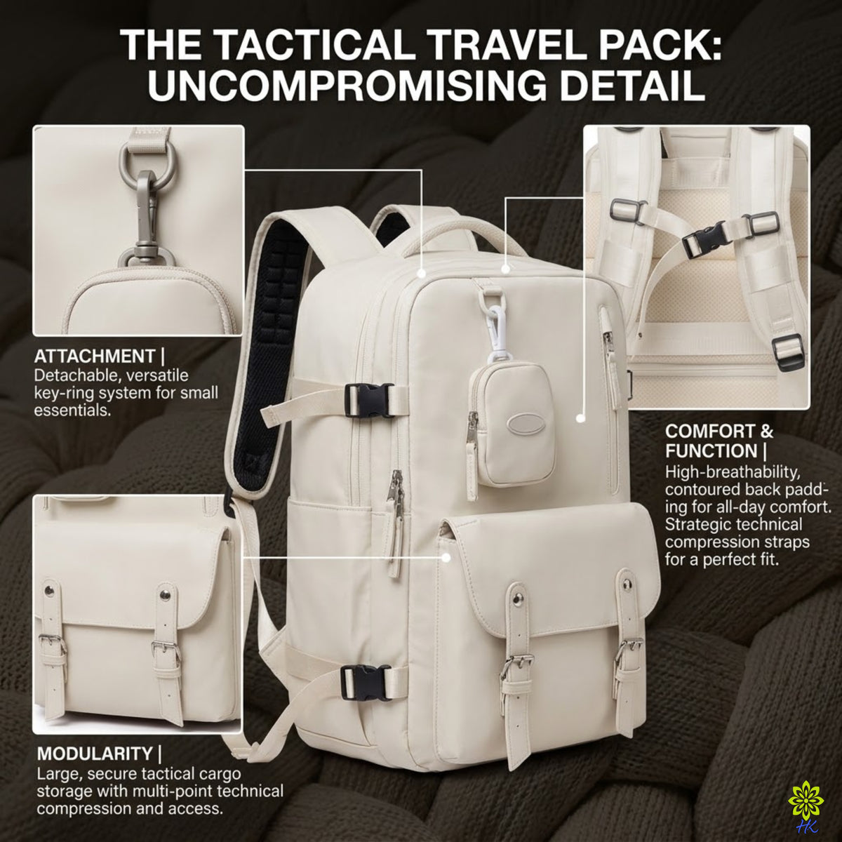 An off-white tactical travel backpack shown on a dark textured background with callout boxes and text highlighting features such as attachment, comfort, and modularity.